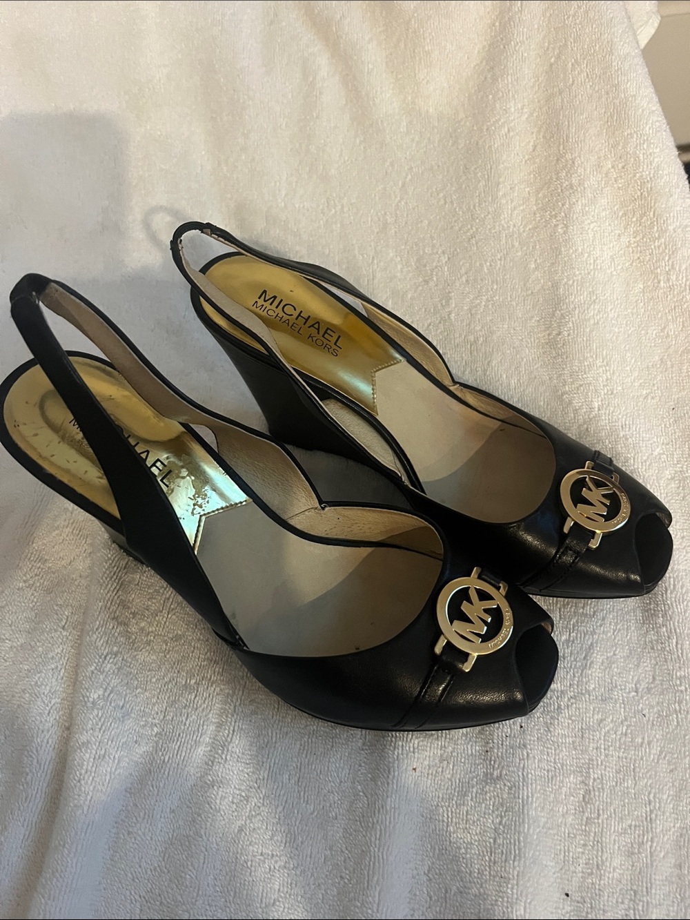 Michael Kors Black Slingback Wedge Peep-Toe Sandals with Gold MK Emblems